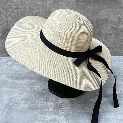 Large Brim Bow Encryption Straw Visor Women'S Summer Foldable Straw Hat Vacation Beach Sun Hat