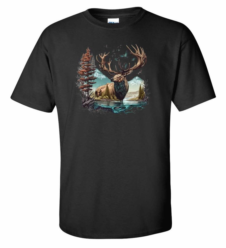 Wilderness Outdoor Nature Wildlife Lake Ducks Forest Mountains Elk T-Shirt XL