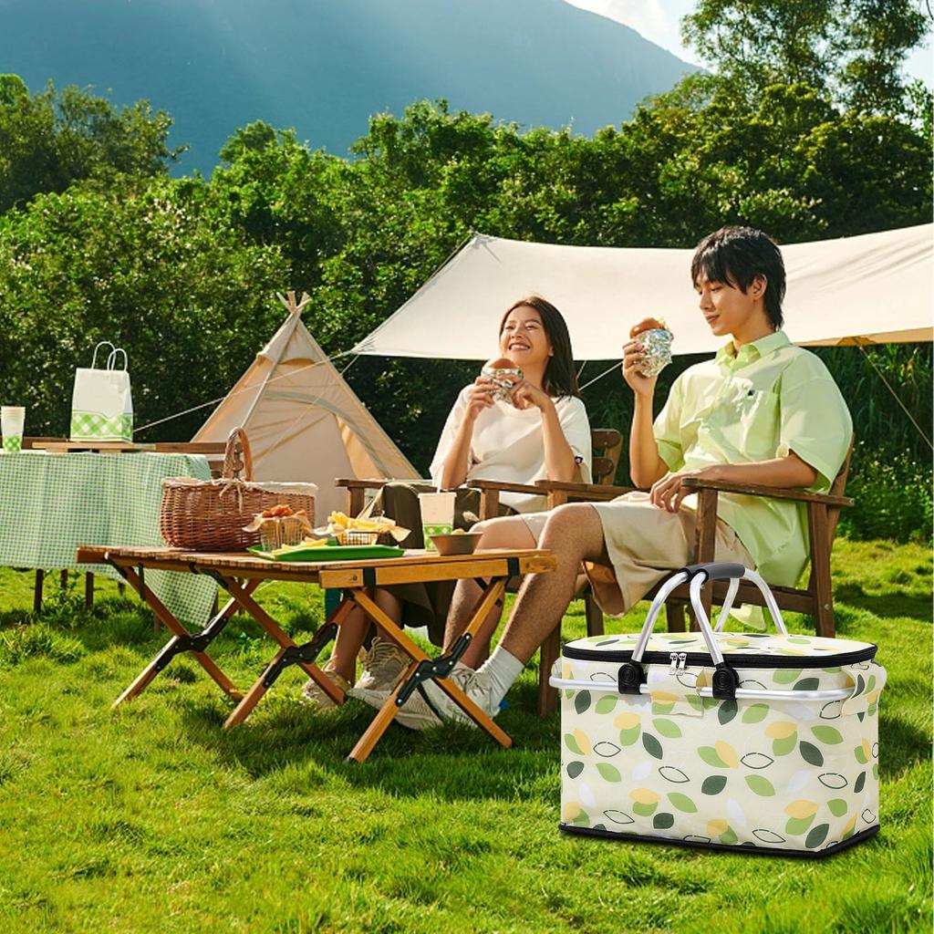 Picnic Bag Foldable Picnic Basket Insulated Comfortable Handle Ice Pockets Cooler Bag for Picnic