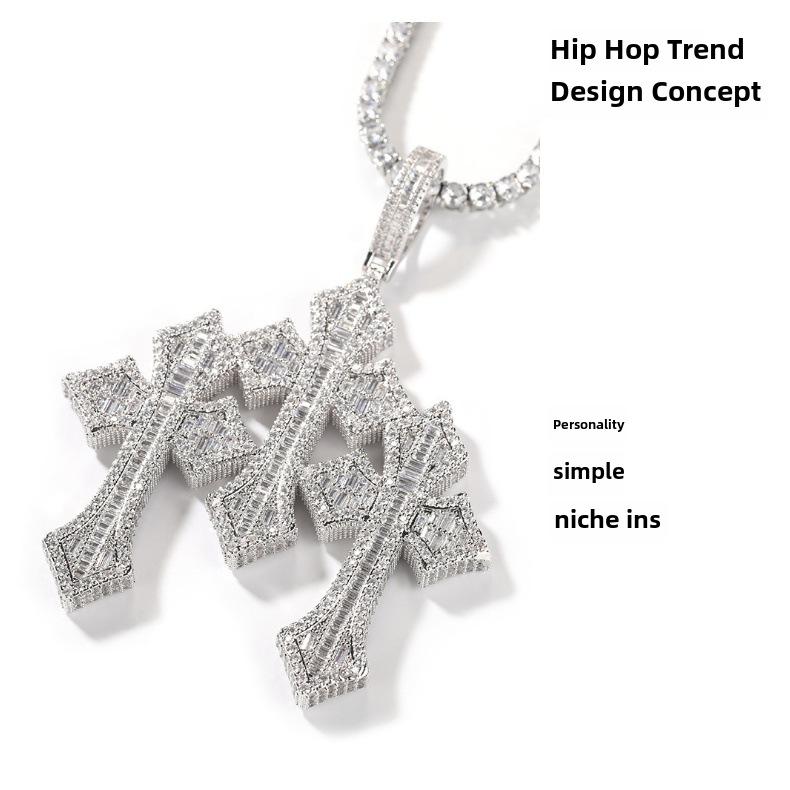 Retro Cross Pendant Men's Necklace with Copper Ladder Square Zirconium