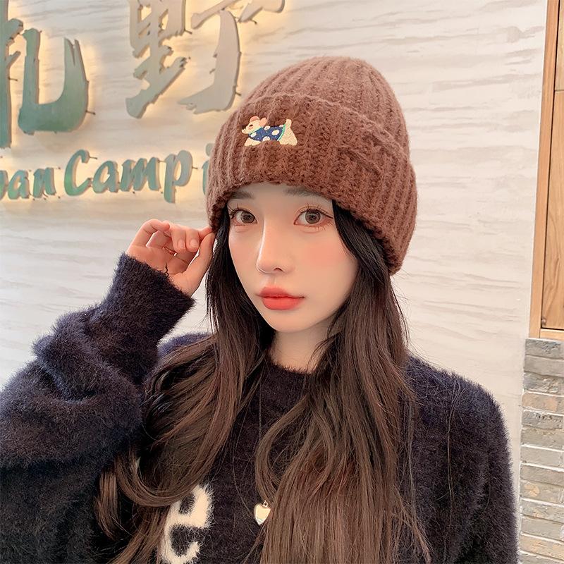 Cute dachshund wool hat women's autumn and winter warm ear protector head knitted hat big head circumference bag head cold hat