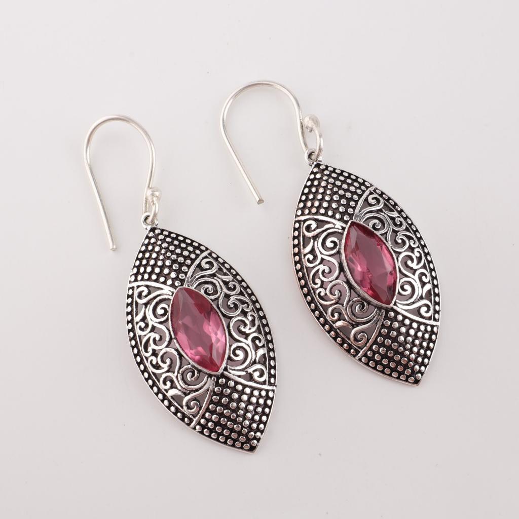 Pink Tourmaline Gemstone 925 Sterling Silver Jewelry Drop/Dangle Earrings 2.15" CE-20-13