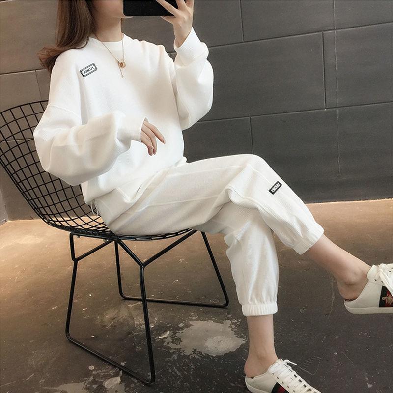 

Повседневный спортивный костюм для женщин на весну и осень, новый модный свободный облегающий свитшот, комплект из двух предметов L белый