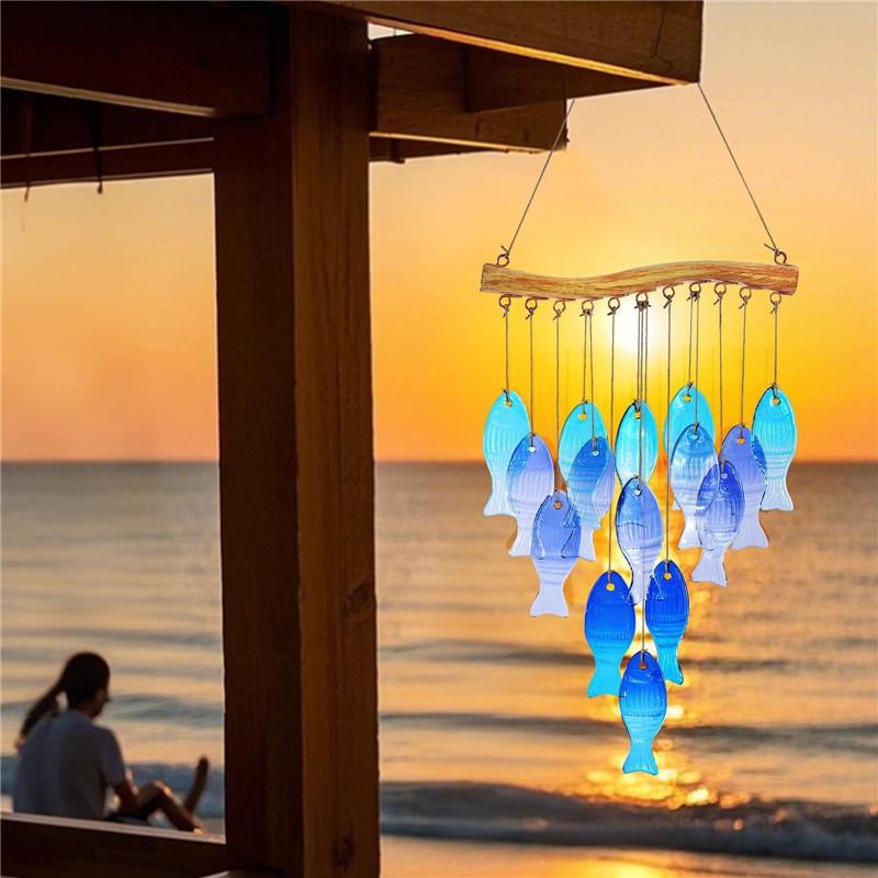 Handmade Blue Glass Fish Wind Chime Large Outdoor/Indoor Hanging Decor