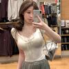 Pure desire sexy splicing lace V-neck short-sleeved T-shirt for women's summer waist and thin bottom short-sleeved top for women