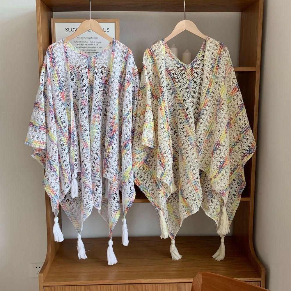 Colorful Ethnic Style Tassel Shawl Thin Beach Scarf Casual Sunscreen Crochet Cardigan  Beach