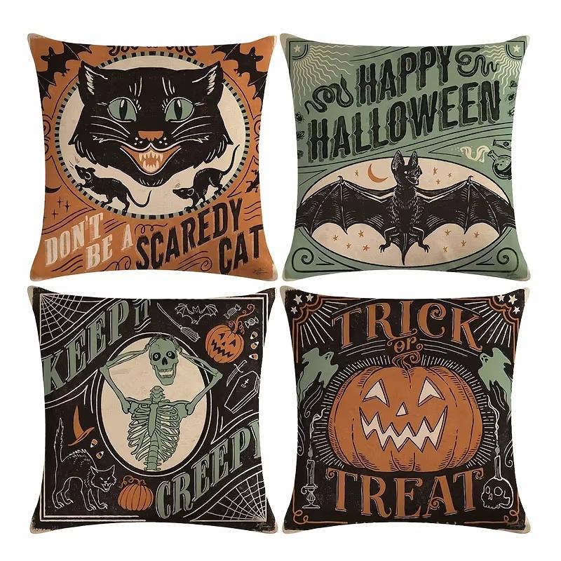 4pcs Halloween Pillow Covers 18*18Inch Linen Blend Throw Pillow Cover Pumpkin Cat Ghost Pattern Cushion Cover for Home Couch