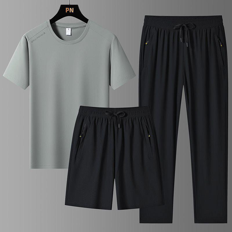 Completo estivo da uomo in seta ghiaccio a tre pezzi: T-shirt Girocollo, Pantaloncini e Pantaloni Lunghi Tuta Sportiva Casual