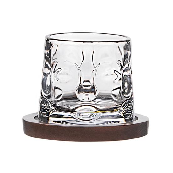 Yousheng Spinning Whiskey Glass with Wood Stand, Hand Painted Rotating Tumbler for Bar, Stress Relief Desk Toy Gift D