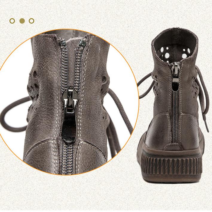 Johnature Atmungsaktive ausgehöhlte Sommerstiefel Echtledersandalen Retro Vielseitige Damenschuhe