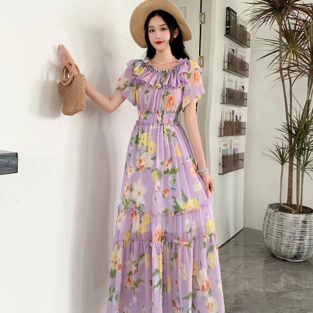 One Shoulder Off Shoulder A-line Ruffled Floral Chiffon Dress Summer Women's Slim Beach Vacation Beach Long Dresses