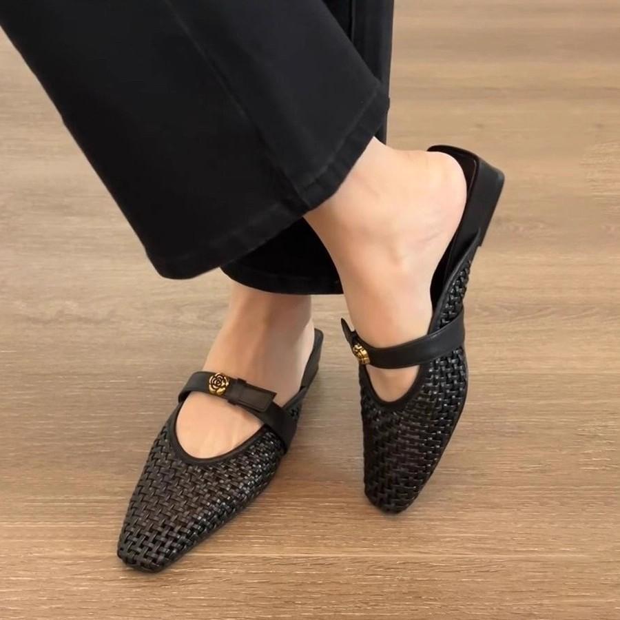 Woven breathable hollow bag head half slippers women's summer new French thick heel versatile sandals