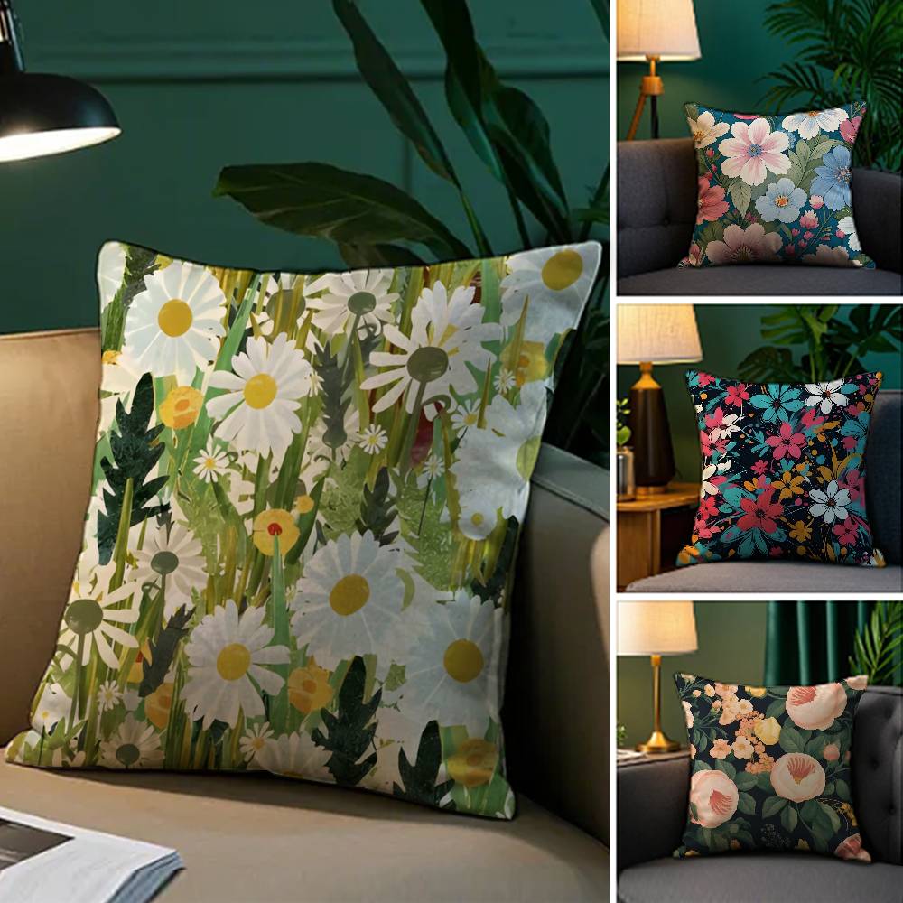 Bright And Elegant Single Printed Flowers Pillow Case Comfort Sofa Bed Silky Elegant Invisible Zipper Decorative Cushion Cover
