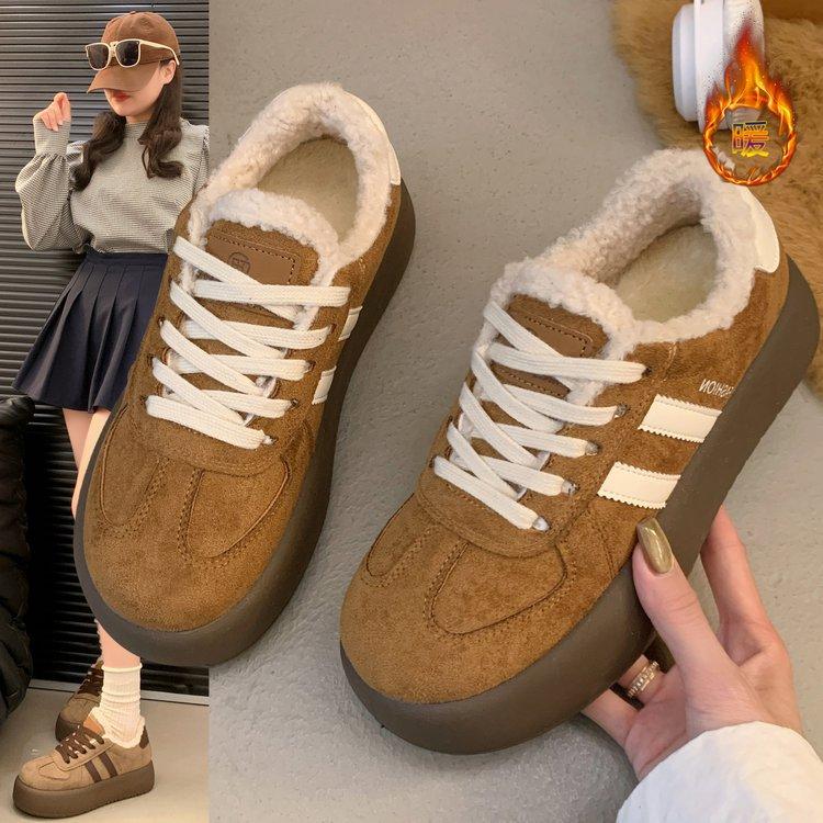 Fleece Thick-soled German Training Shoes Women's Board Shoes 2025 New Winter Retro Heightening Fluffy Shoes Thickened Thermal Cotton Shoes