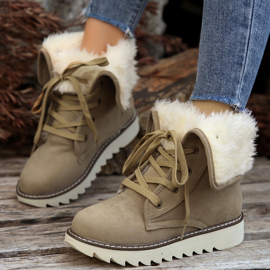 Women's Velvet Short Boots - Lace Up Round Head Flat Bottom Ankle Boots, Non Slip Outsole and Soft Inner Lining, Mid Barrel Style, Durable Grip Floor