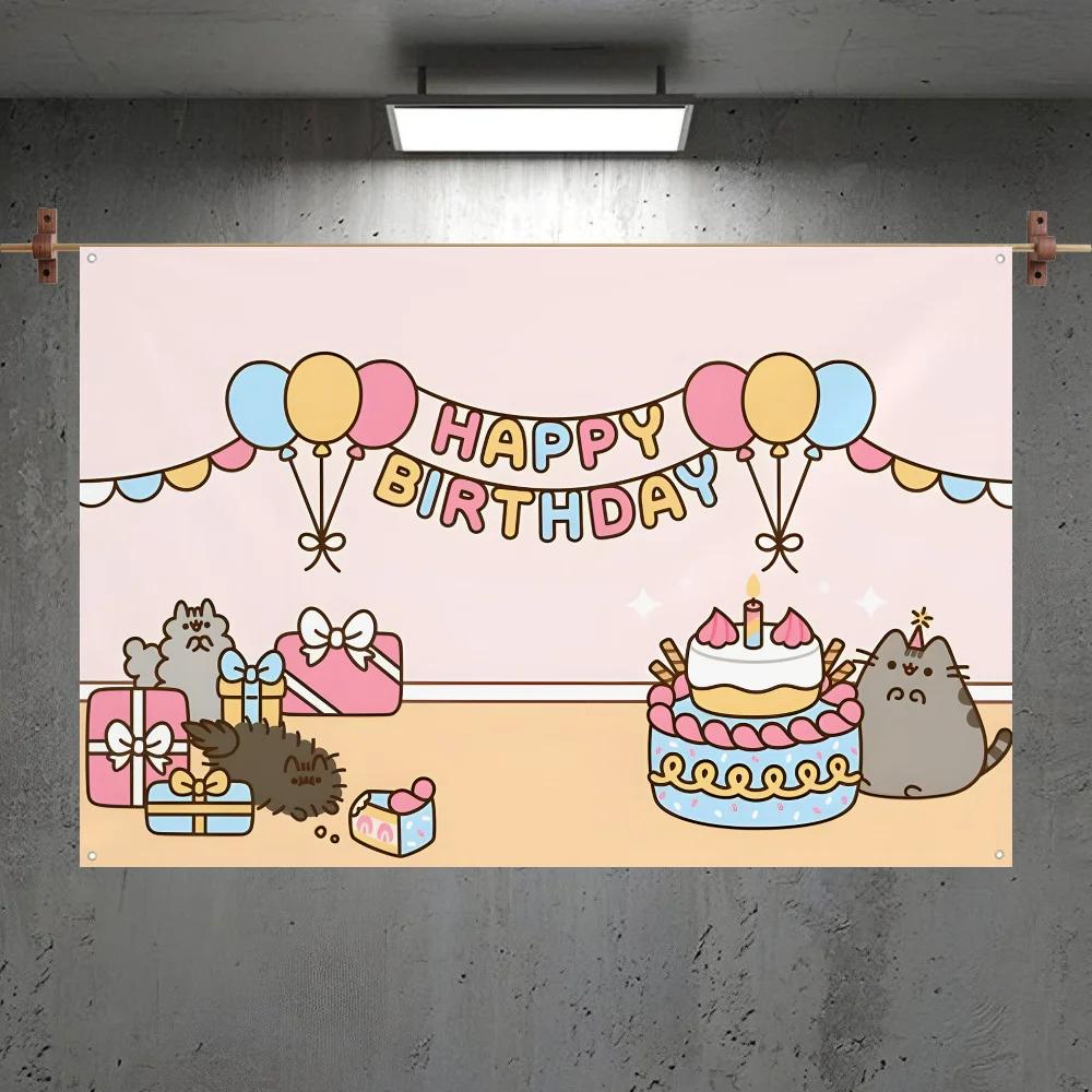 Happy birthday P-PusheenS Flag Custom Flags Wall Hanging Tapestry Outdoor Decorative flag Background Blanket