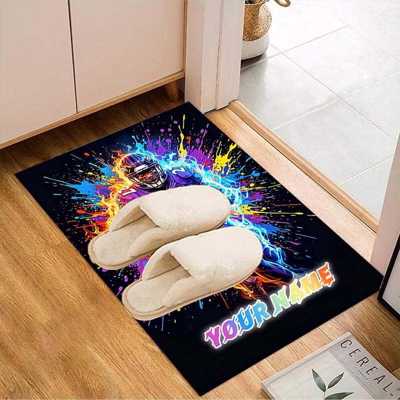 1PC Custom Name Football Player In Flames Theme Floor Mat Ideal for Living Room, Game Rooms, Office, Bedroom,Floor Mat Playful Design248