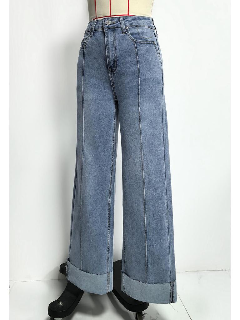 2026 Spring Women's High-Waisted Retro Wide-Leg Jeans with Center Seam Cuffs