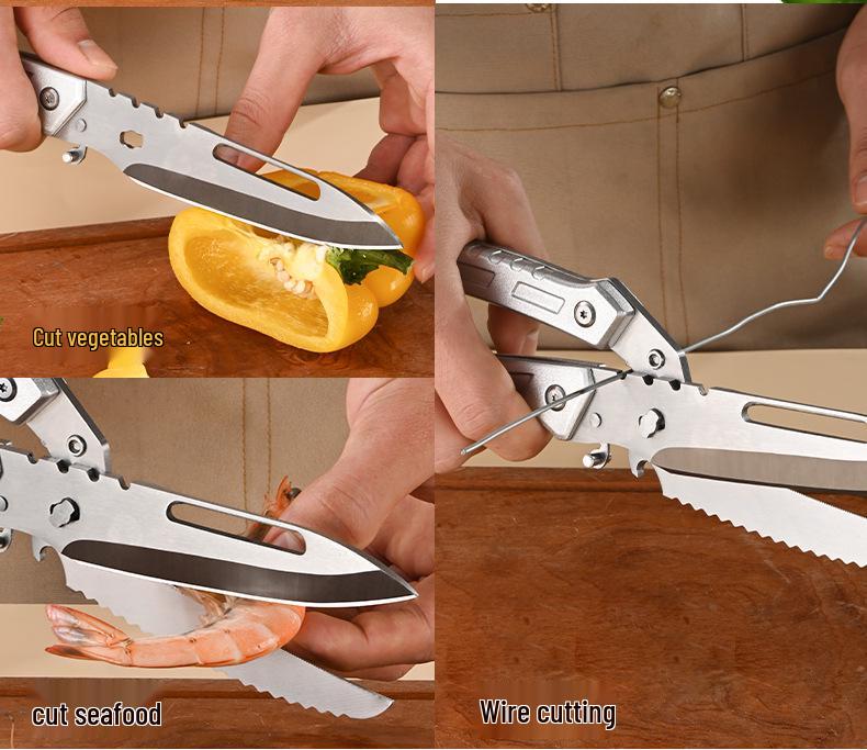 Multifunctional Kitchen Shears: Sharp Chicken Bone Scissors, Convertible Fruit Knife, and Auto-Rebound Scissors.
