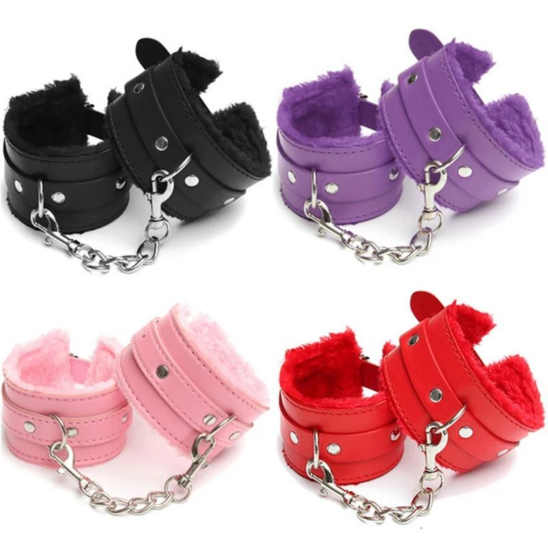 SM Cosplay Handcuffs  Restraint Sex Toy Fluffy Pu Leather Handcuffs Ankle Chains For Women  Couple Adult Accessories
