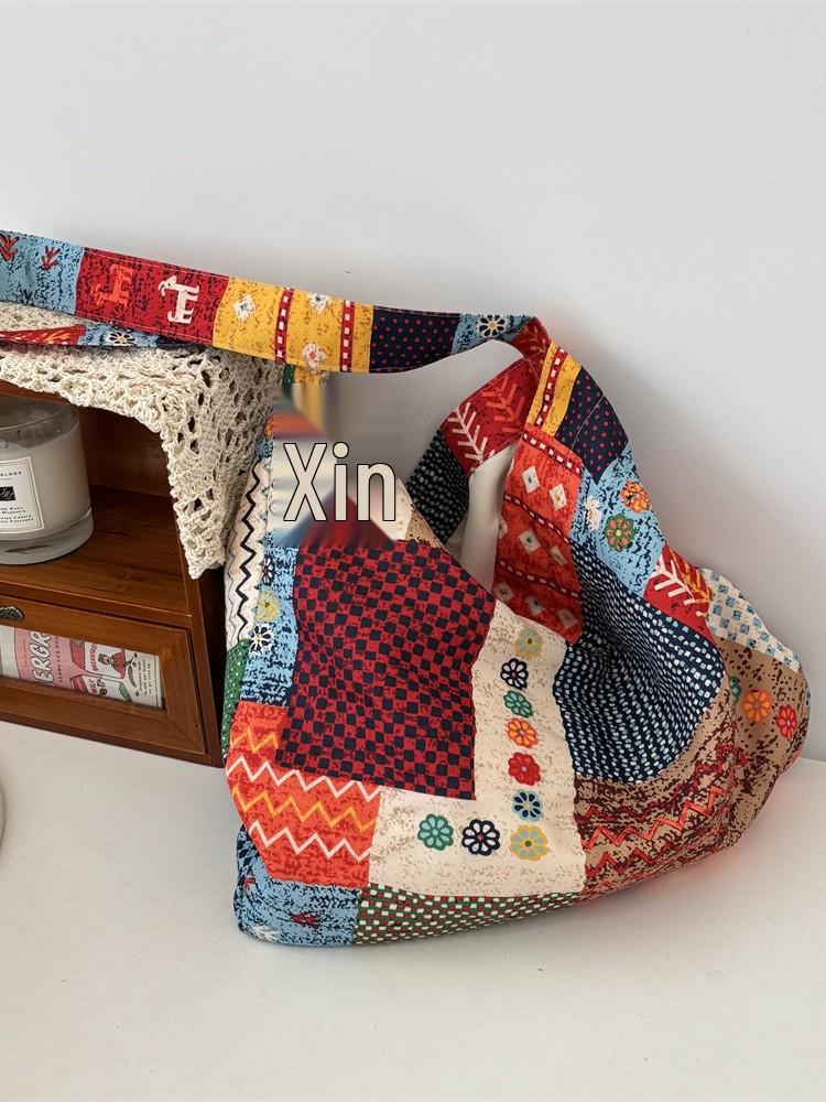 Retro Ethnic Color Block Patchwork Crossbody Bag - Large Capacity Canvas Shoulder Bag for Women