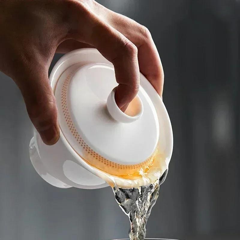 1pc Sheep Fat Jade White Porcelain Gaiwan, Filtered Tea Bowl, Anti Scalding Design, Single Ceramic Tea Cup, Kung Fu Tea Set