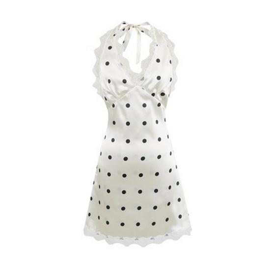 

2025 European Summer Fashion: Sexy Halter Polka Dot High Waist Dress with Lace Trim Large