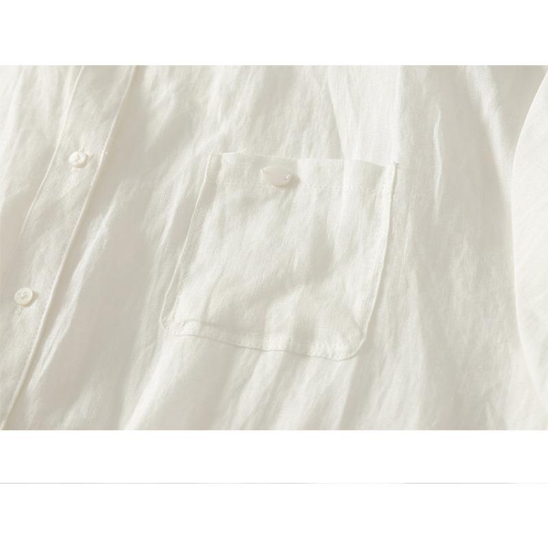 Women Casual Loose Short Sleeve Lapel Collar Cotton Linen Shirt Top