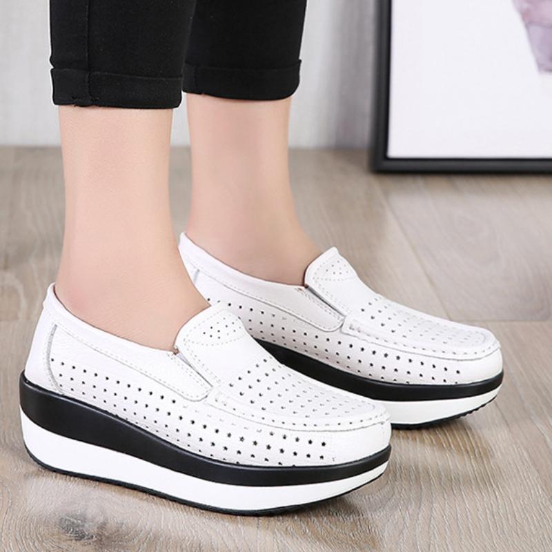 Genuine Leather Wedges Heels Shoes Fashion 5cm Platform Shoes Women Non-slip Walking Loafers