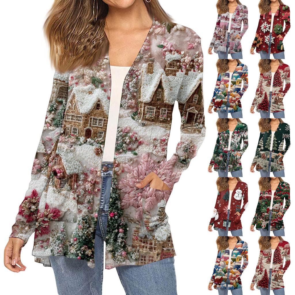 Dámský módní vánoční potisk dlouhý rukáv kapsy slim fit kardigan kabát