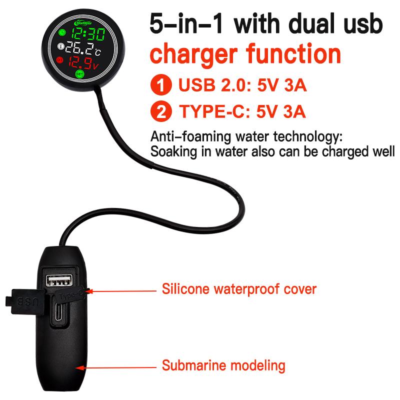 Motocyklový digitální panel moto univerzální teploměr s hodinami Mini celoobrazovkový teploměr 5 v 1 Dotykový displej USB Type-C měřič