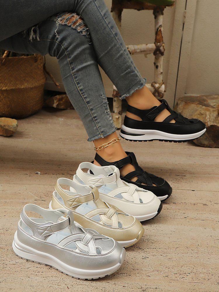 2025 Summer Women's Platform Closed-Toe Wedge Sandals, Breathable, Hollow Design, Plus Size 43, Thick Sole, Velcro Closure