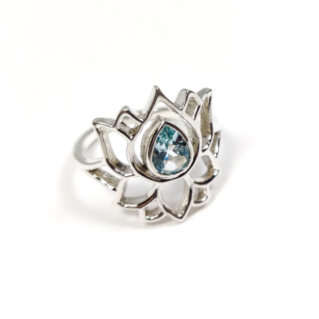 Sterling Silver Lotus Ring: Teardrop Gemstone, Stackable Flower Ring