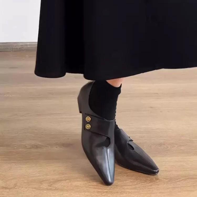 Sheepskin version~ super soft small gold buckle pointed small leather shoes women's Korean version design thick heel loafers versatile outdoor s
