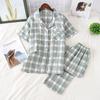 Spring and Autumn New Couple Pajamas Women's Short-sleeved Trousers Men's Cardigan Plaid Simple and Sweet Loose Korean Version of Loungewear