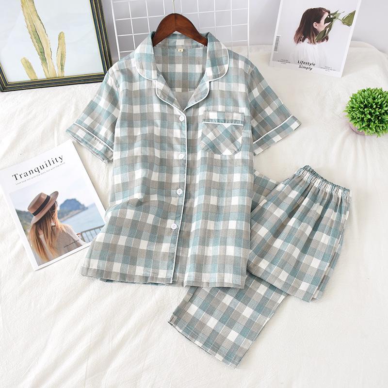 Spring and Autumn New Couple Pajamas Women's Short-sleeved Trousers Men's Cardigan Plaid Simple and Sweet Loose Korean Version of Loungewear