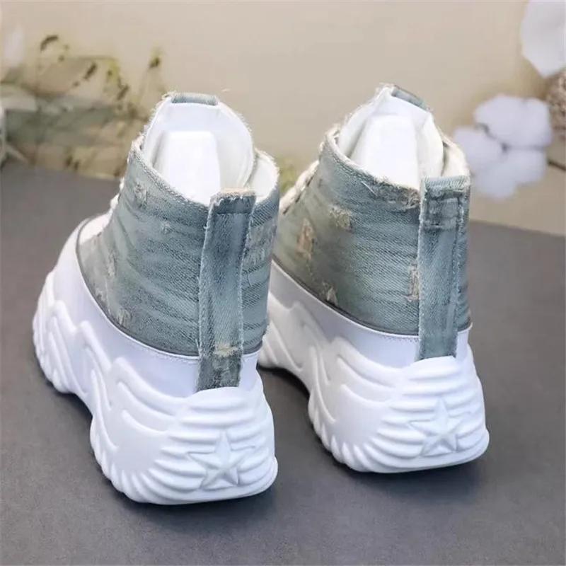 Fashion Fashion Women Chunky Platform Motorcycle Boots Lace Up Thick Bottom Shoes Woman Autumn  Ankle Boots Denim canvas shoes