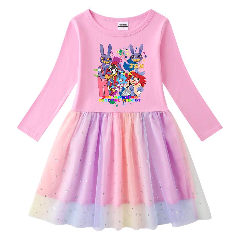 Korean Style Kids' Spring-Autumn Dress: Long Sleeve, Rainbow Star Sequins, Mesh Pleated Princess Design