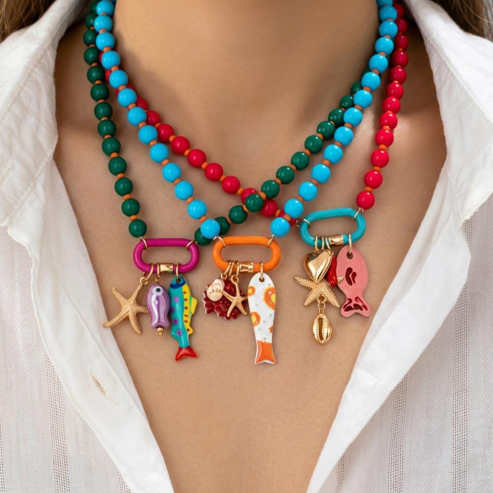 Colorful Beads Beaded Necklace Starfish Shell Charm Boho Necklace  Vacation Beach Party