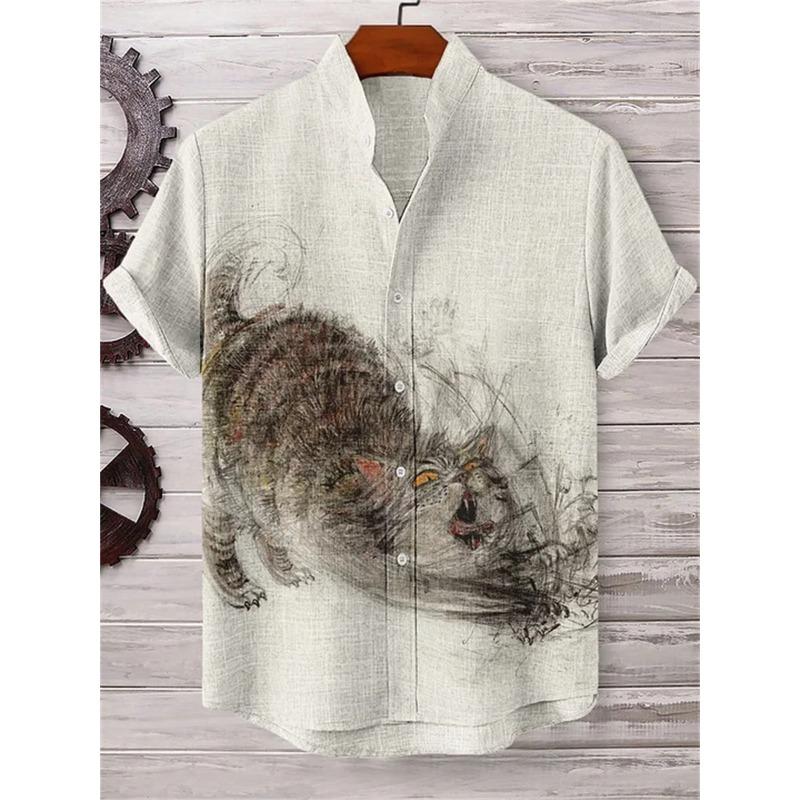 Men's short-sleeved shirt with a fun cat print, stand-up collar, single-breasted casual style. Hawaiian shirt, men's unique top.