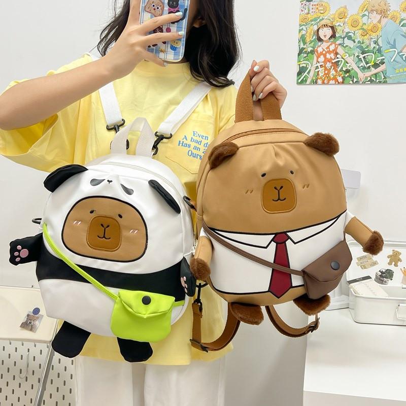 Panda Capybara Cartoon Backpack Student Cute Bag Multiple Compartments Storage