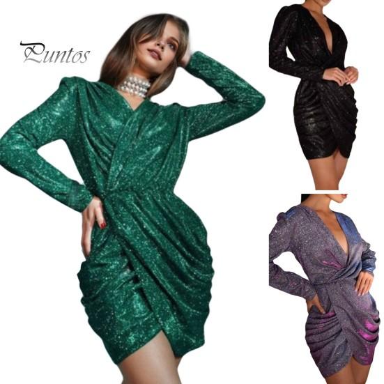 Lady Club Dress Deep V Neck Pleated Sequin Long Sleeve Irregular Hem Baggy Dress Celebrity Banquet Prom Cocktail Party Mini Dress