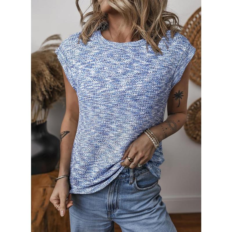 

2026 Spring and Summer Wholesale Women s Clothing New Fashion Waffle Round Neck Solid Color Loose Short Sleeve S синий
