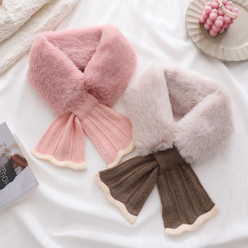 Knit Fishtail Plush Neck Warmer Women Autumn Winter Cross Faux Rabbit Fur Cute Versatile Student Premium Scarf