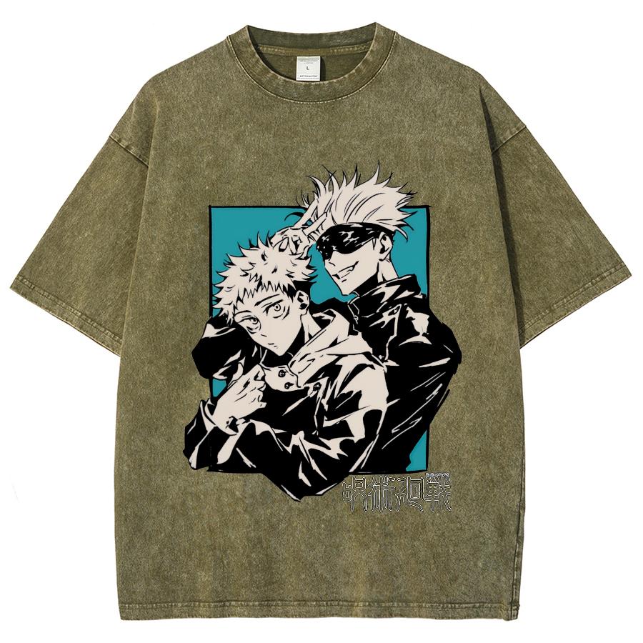 Anime Jujutsu Kaisen Satoru Gojo And Itadori Yuji Print T Shirt Men Women Y2k T-shirts Washed Cotton Tee Harajuku Male Tshirt