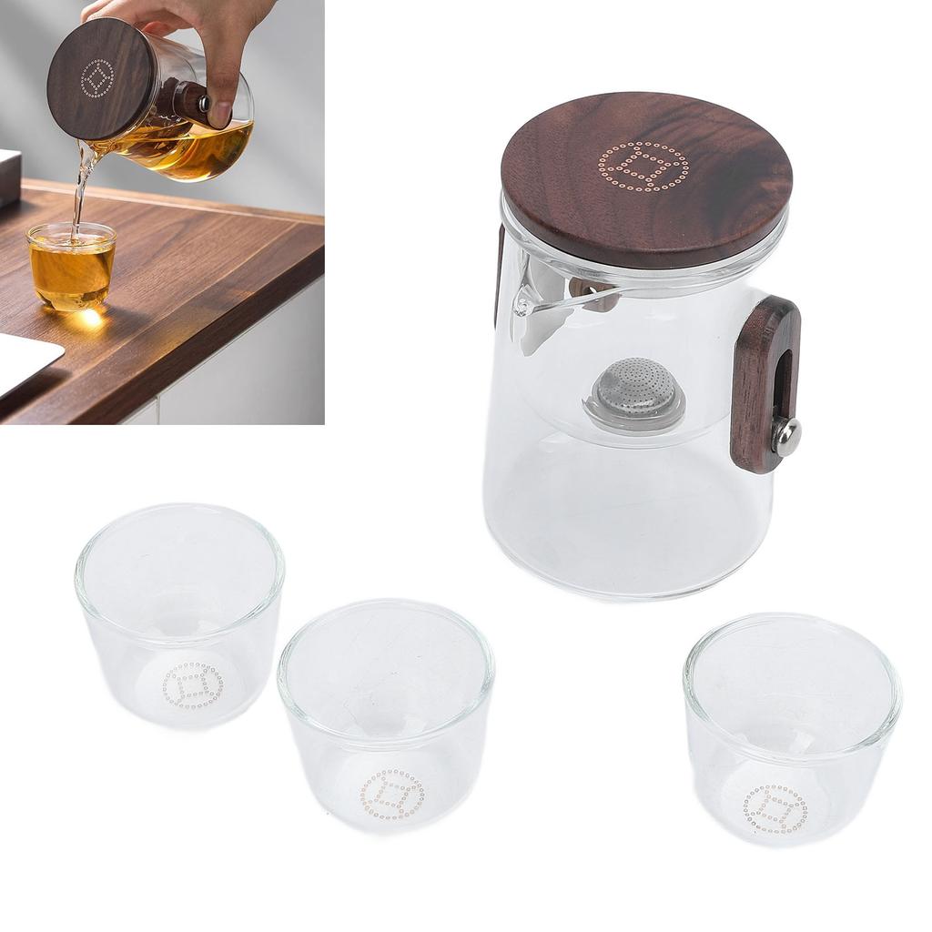 Glass Teapot with Strainer 330ml Magnetic Filtration Pot Water Separation Glass Teapot with 3 Cups for Home Outdoor Office