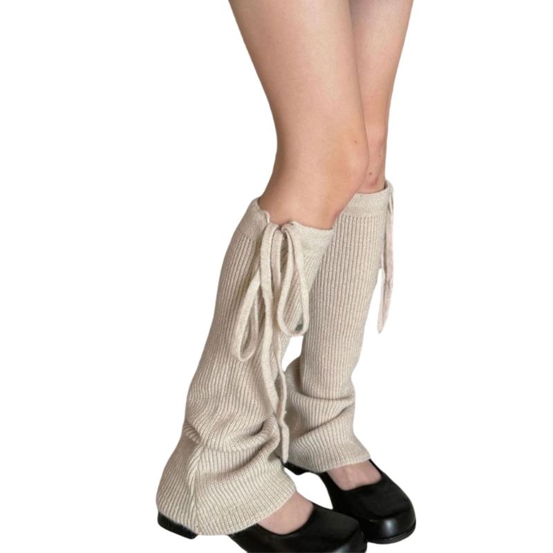 Women Ribbed Knitted Leg Sleeves with Ties Drawstring for Winter Warmth Vertical Striped Leg Warmers Footless Boot Socks