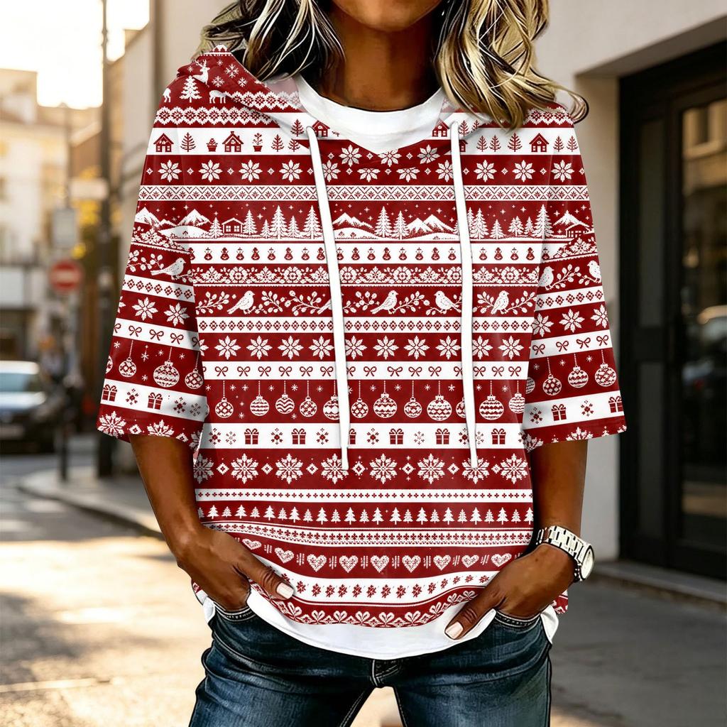 Women's Casual 3/4 Sleeve Hooded T-Shirt with Christmas Print