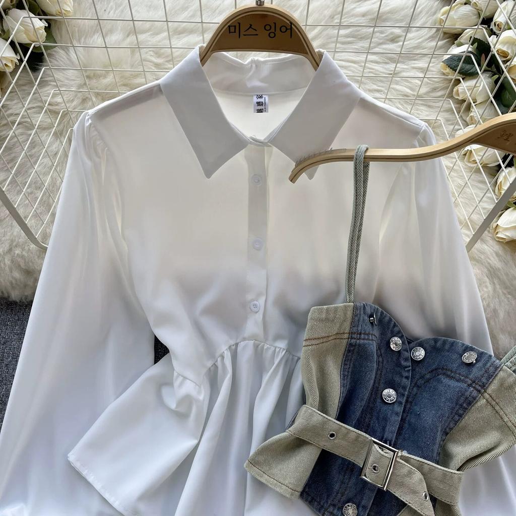 Koreanische Serie Tragen Alter-Reduzierung Set Retro Denim Cami Gestapelt Alle-Matching Puff Sleeve Shirts Zwei-stück Set Top