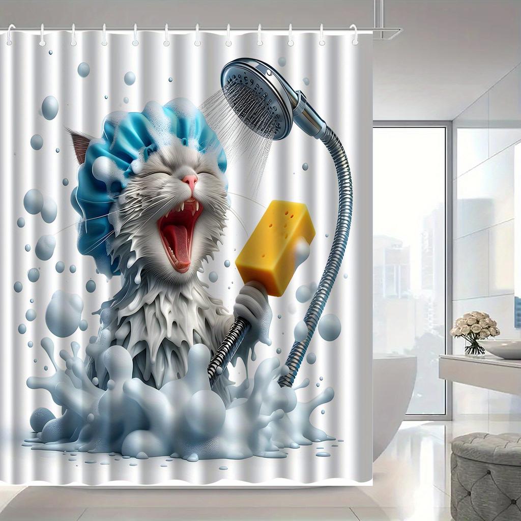 1pc Funny Bathing Cat Shower Curtain - High Quality Bathroom Decor with Hooks Bathroom Window Decoration for Cat Lovers